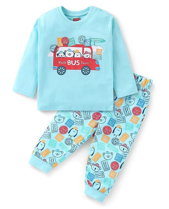 Babyhug Cotton Knit Full Sleeves Night Suit Bus Print - Blue