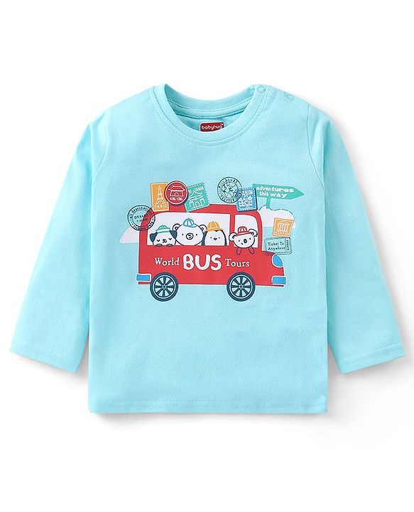 Babyhug Cotton Knit Full Sleeves Night Suit Bus Print - Blue