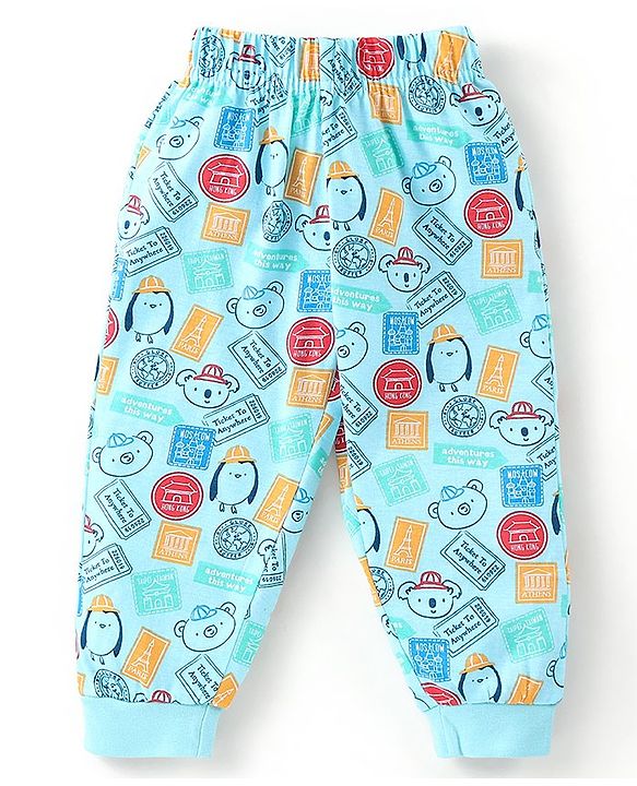 Babyhug Cotton Knit Full Sleeves Night Suit Bus Print - Blue