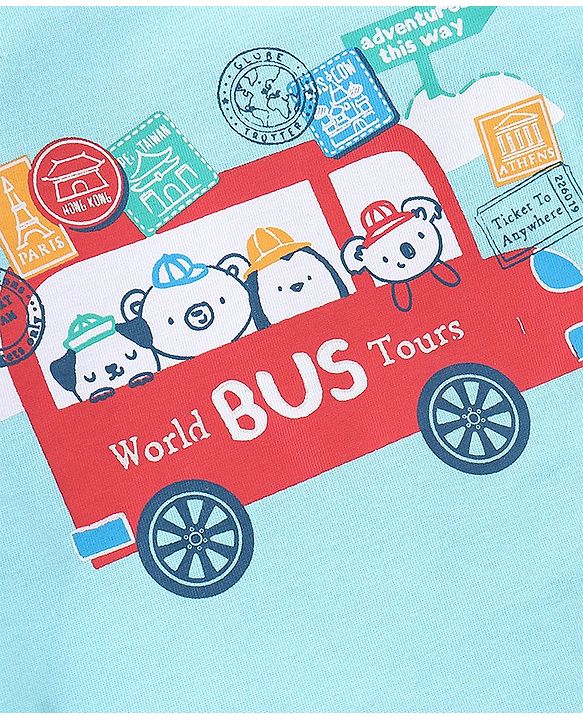 Babyhug Cotton Knit Full Sleeves Night Suit Bus Print - Blue