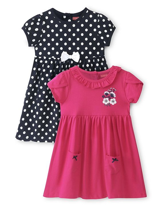 Babyhug 100% Cotton Knit Half Sleeves Frocks Polka & Floral Print Pack of 2 - Multicolor