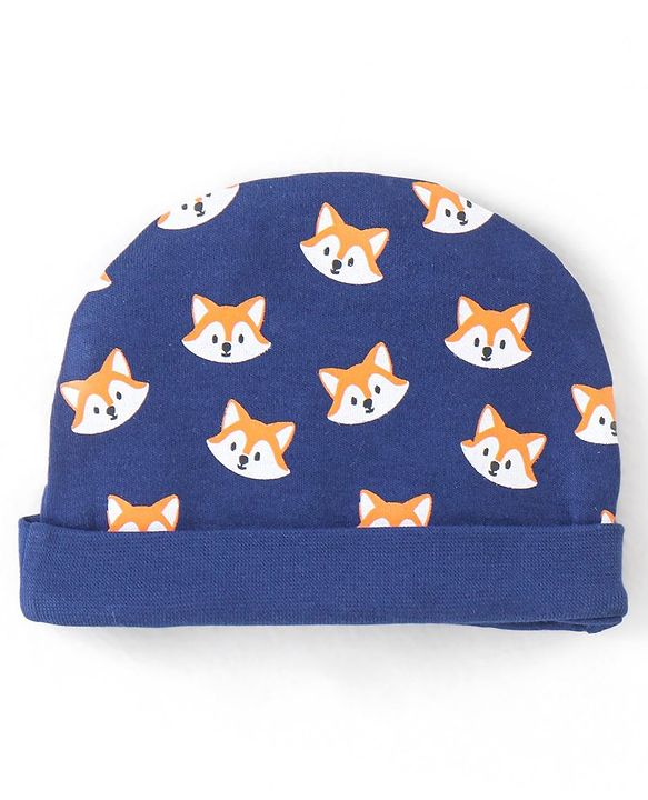 Babyhug 100% Cotton Knit Fox Printed Cap Navy Blue - Diameter 9.5 cm