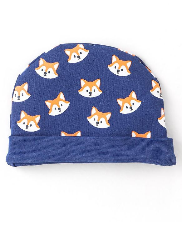 Babyhug 100% Cotton Knit Fox Printed Cap Navy Blue - Diameter 9.5 cm
