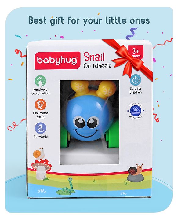 Babyhug Colorful Snail on Wheel Friction-Powered Toy|BPA-Free Plastic|Visual Sensory Development|Early Learning Motor Skills Enhancer |Ideal Gift|Age 3+|BIS|(Wheel Color May Vary)