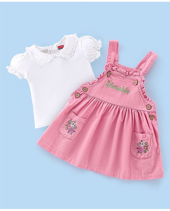 Babyhug Cotton Knit Floral Embroidered Corduroy Frock with Half Sleeves Inner Tee - Pink