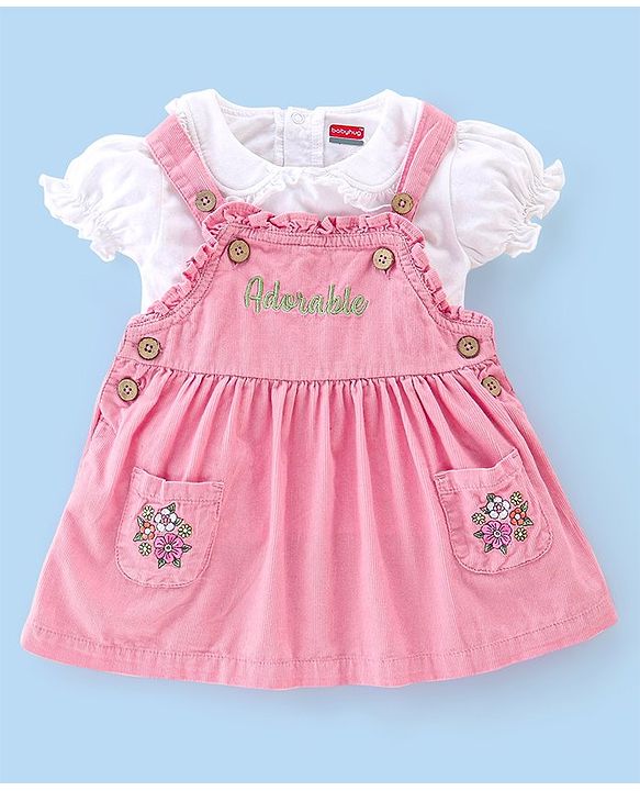 Babyhug Cotton Knit Floral Embroidered Corduroy Frock with Half Sleeves Inner Tee - Pink