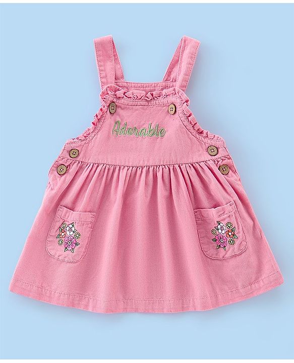 Babyhug Cotton Knit Floral Embroidered Corduroy Frock with Half Sleeves Inner Tee - Pink