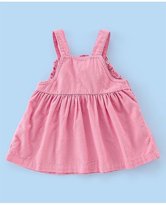 Babyhug Cotton Knit Floral Embroidered Corduroy Frock with Half Sleeves Inner Tee - Pink