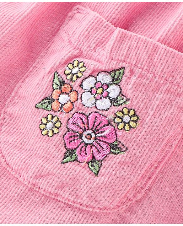 Babyhug Cotton Knit Floral Embroidered Corduroy Frock with Half Sleeves Inner Tee - Pink