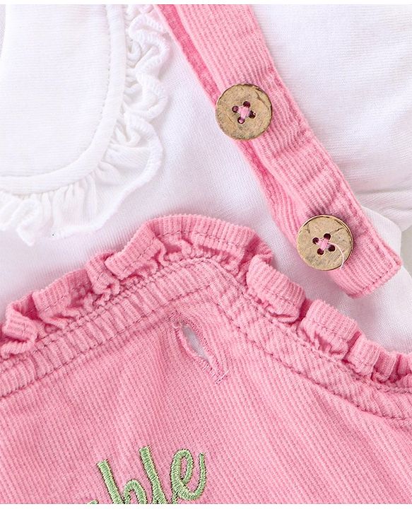 Babyhug Cotton Knit Floral Embroidered Corduroy Frock with Half Sleeves Inner Tee - Pink
