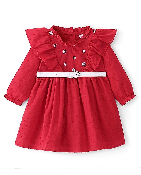 Babyhug 100% Cotton Woven Full Sleeve Frock With Belt & Floral Embroidery - Red