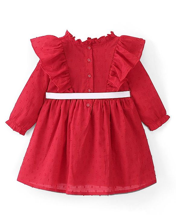 Babyhug 100% Cotton Woven Full Sleeve Frock With Belt & Floral Embroidery - Red