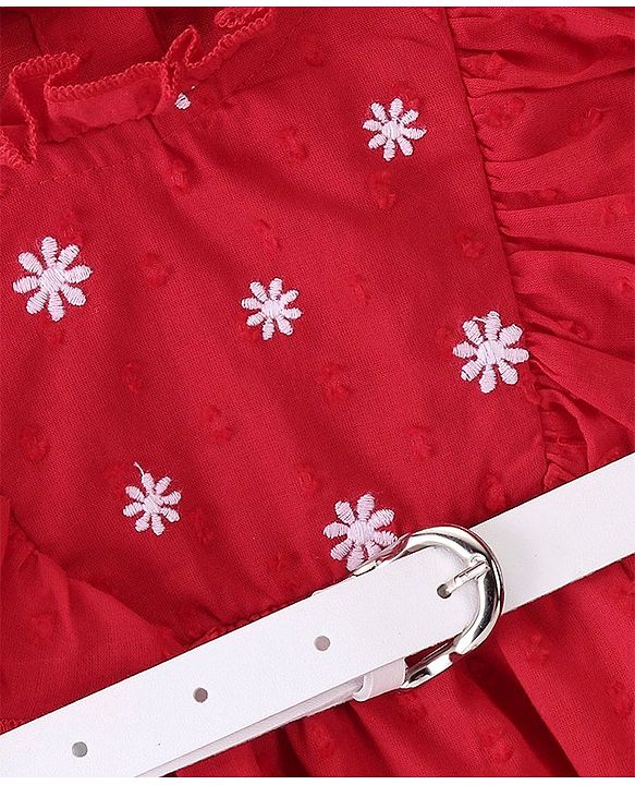 Babyhug 100% Cotton Woven Full Sleeve Frock With Belt & Floral Embroidery - Red