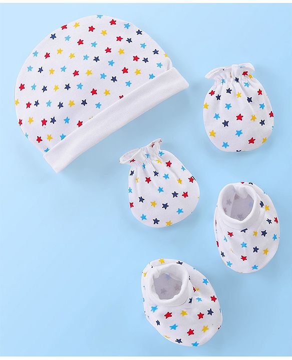 Babyhug 100% Cotton Knit Star Print Cap Mittens & Booties- White