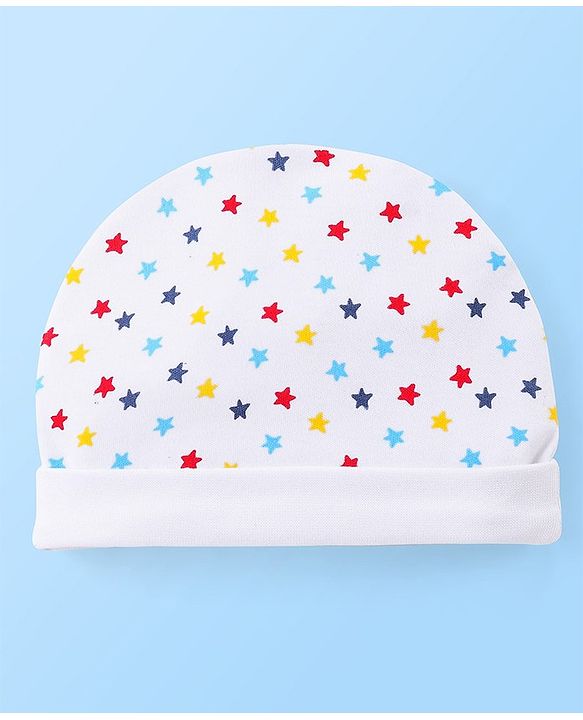 Babyhug 100% Cotton Knit Star Print Cap Mittens & Booties- White