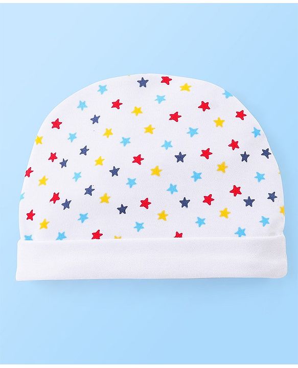 Babyhug 100% Cotton Knit Star Print Cap Mittens & Booties- White