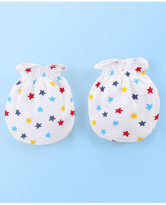 Babyhug 100% Cotton Knit Star Print Cap Mittens & Booties- White