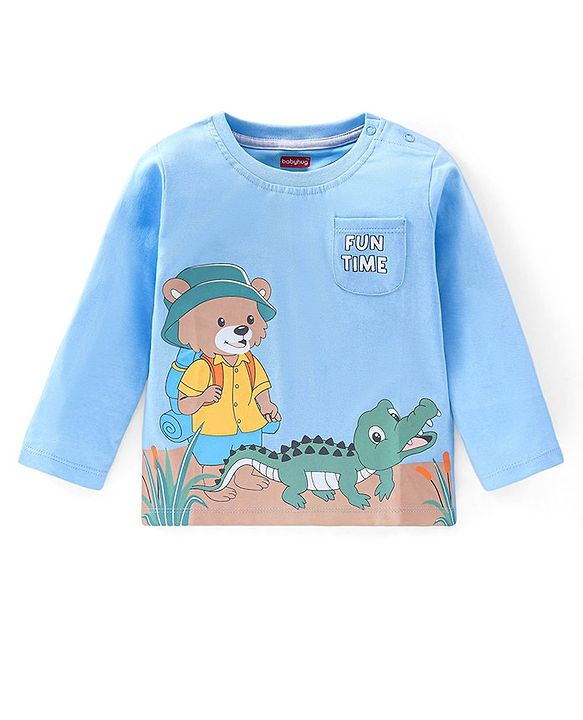 Babyhug Cotton Full Sleeves Tee With Bear & Crocodile Graphics- Light Blue