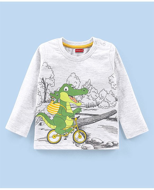 Babyhug 100% Cotton Knit Full Sleeves T-Shirt Croc Graphics Print - White Melange