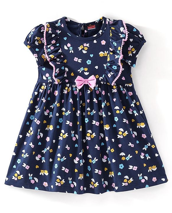 Babyhug Cotton Knit Half Sleeves Floral Printed Frock with Bow Applique - Navy Blue
