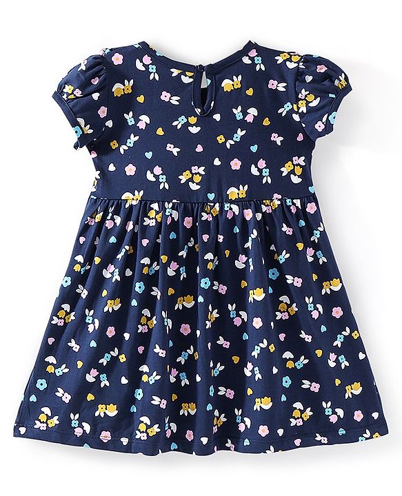 Babyhug Cotton Knit Half Sleeves Floral Printed Frock with Bow Applique - Navy Blue