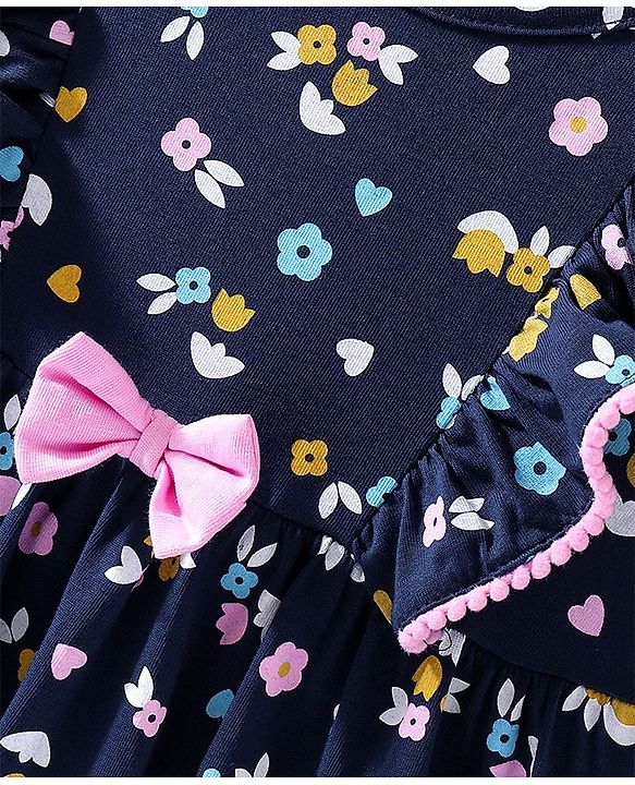 Babyhug Cotton Knit Half Sleeves Floral Printed Frock with Bow Applique - Navy Blue