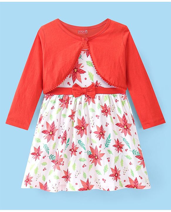 Babyhug Single Jersey Printed Frock with Full Sleeves Knit Shrug - Red