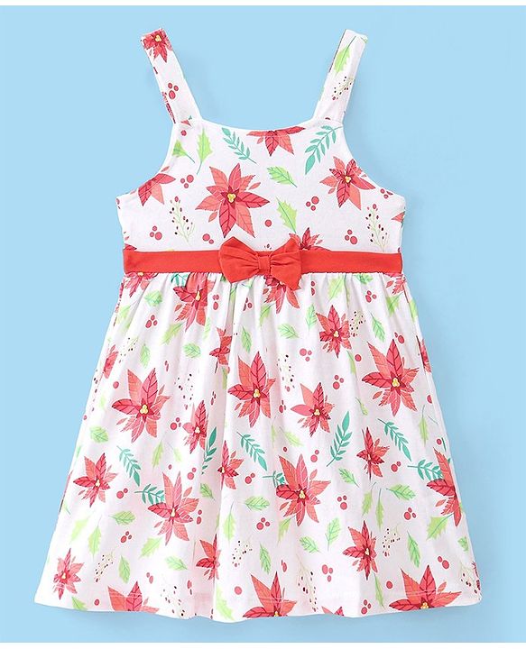 Babyhug Single Jersey Printed Frock with Full Sleeves Knit Shrug - Red