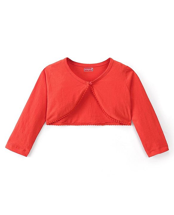 Babyhug Single Jersey Printed Frock with Full Sleeves Knit Shrug - Red
