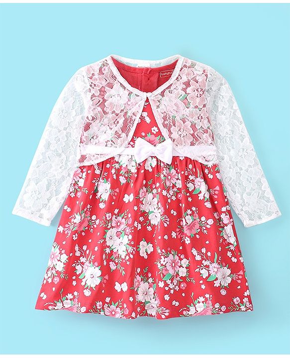 Babyhug Cotton Knit Floral Printed Frock with Full Sleeves Mesh Shrug - Red