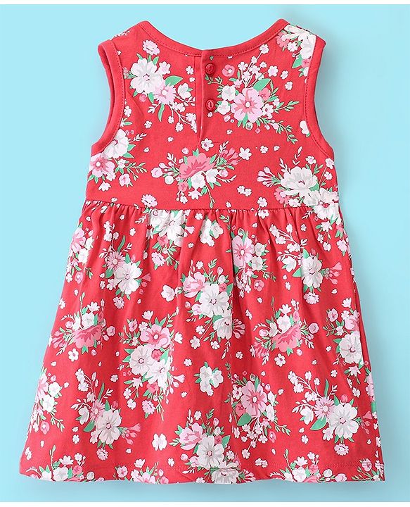 Babyhug Cotton Knit Floral Printed Frock with Full Sleeves Mesh Shrug - Red
