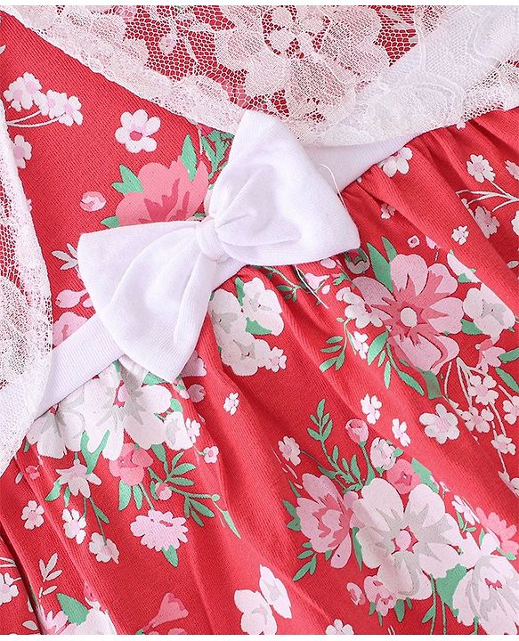 Babyhug Cotton Knit Floral Printed Frock with Full Sleeves Mesh Shrug - Red