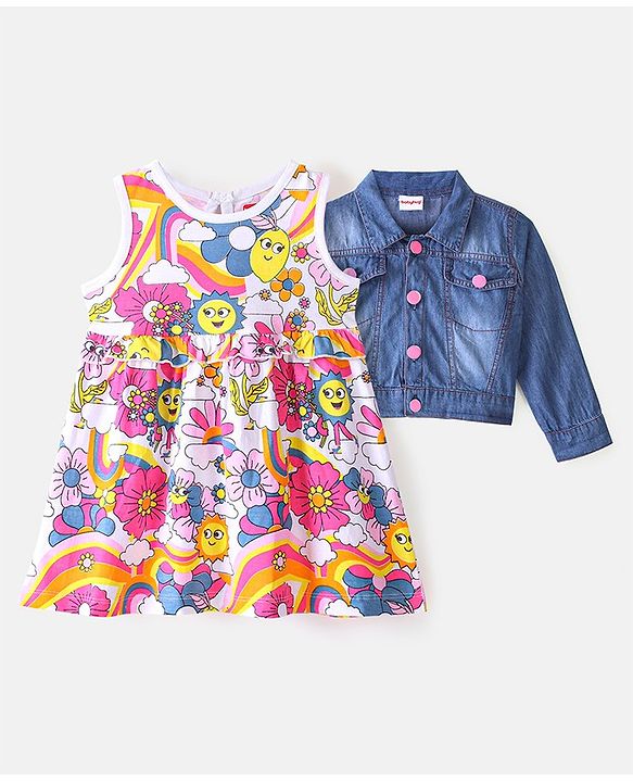 Babyhug Cotton Knit Sleeveless Floral Print Frock with Denim Jacket - Multicolour