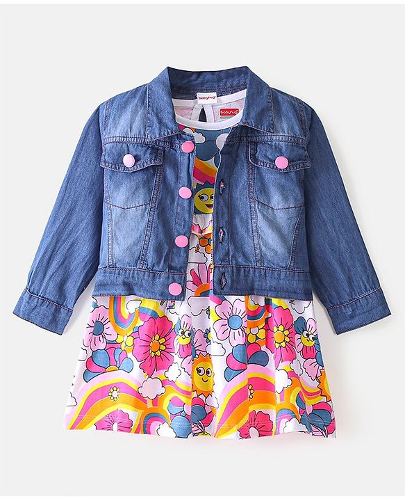 Babyhug Cotton Knit Sleeveless Floral Print Frock with Denim Jacket - Multicolour