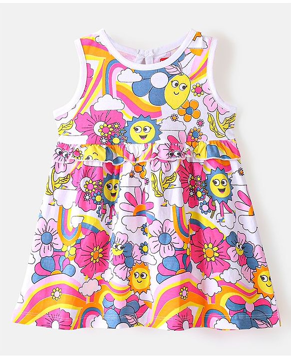 Babyhug Cotton Knit Sleeveless Floral Print Frock with Denim Jacket - Multicolour