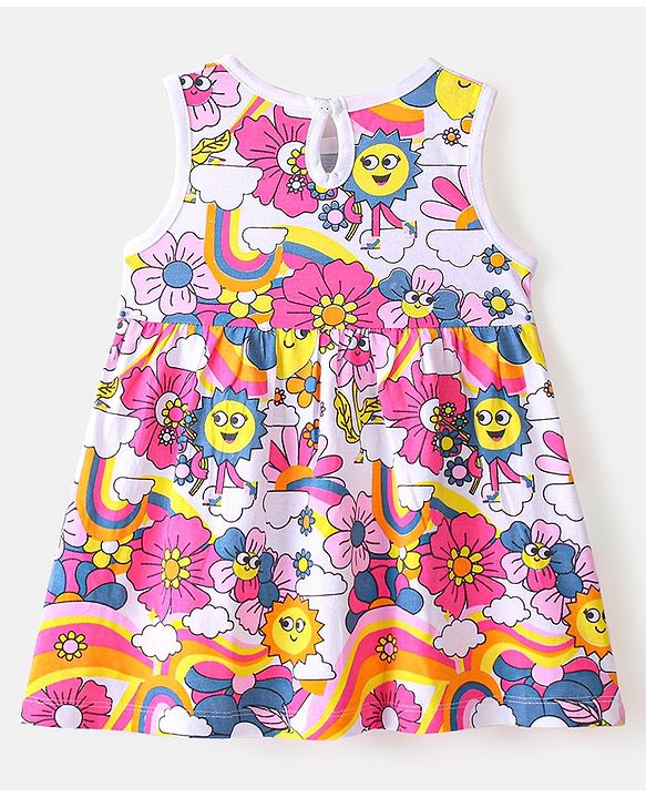 Babyhug Cotton Knit Sleeveless Floral Print Frock with Denim Jacket - Multicolour