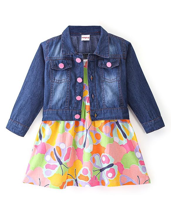 Babyhug Cotton Knit Sleeveless Butterfly Print Frock with Denim Jacket - Multicolour