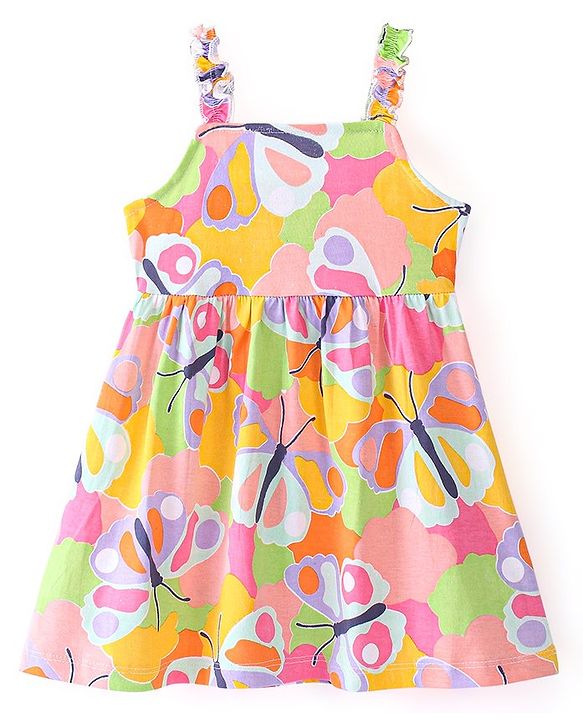 Babyhug Cotton Knit Sleeveless Butterfly Print Frock with Denim Jacket - Multicolour