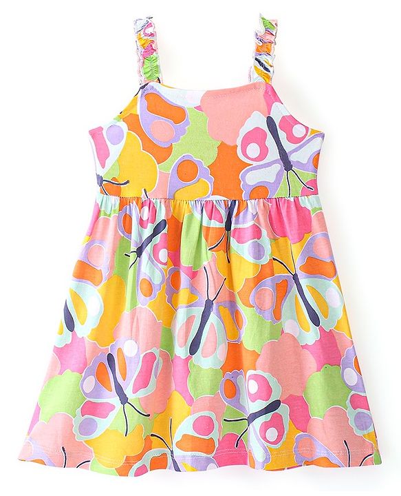 Babyhug Cotton Knit Sleeveless Butterfly Print Frock with Denim Jacket - Multicolour