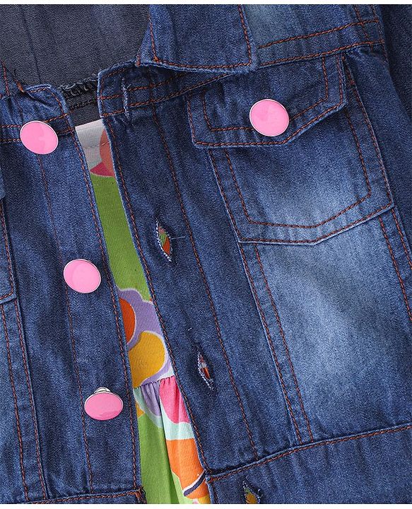 Babyhug Cotton Knit Sleeveless Butterfly Print Frock with Denim Jacket - Multicolour