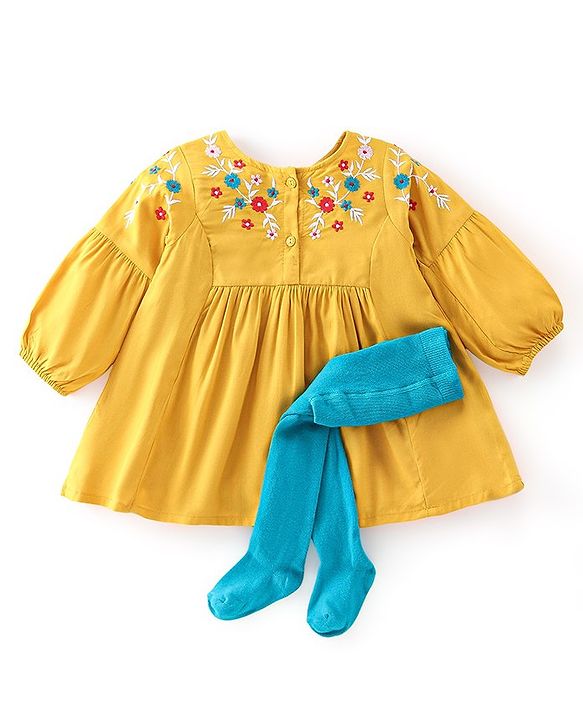 Babyhug Rayon Woven Fullsleeve Frock With Legging With Floral Embroidery - Yellow