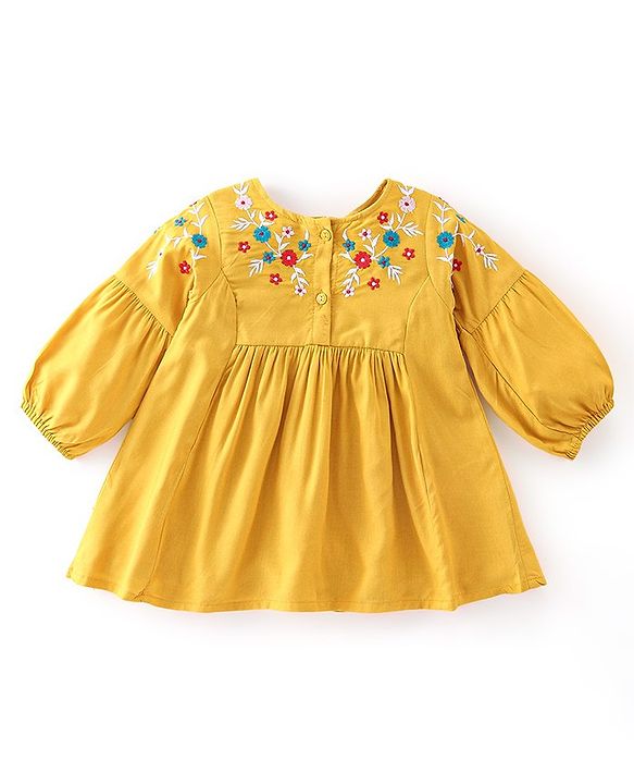 Babyhug Rayon Woven Fullsleeve Frock With Legging With Floral Embroidery - Yellow