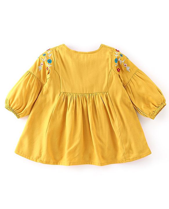 Babyhug Rayon Woven Fullsleeve Frock With Legging With Floral Embroidery - Yellow