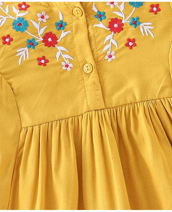 Babyhug Rayon Woven Fullsleeve Frock With Legging With Floral Embroidery - Yellow