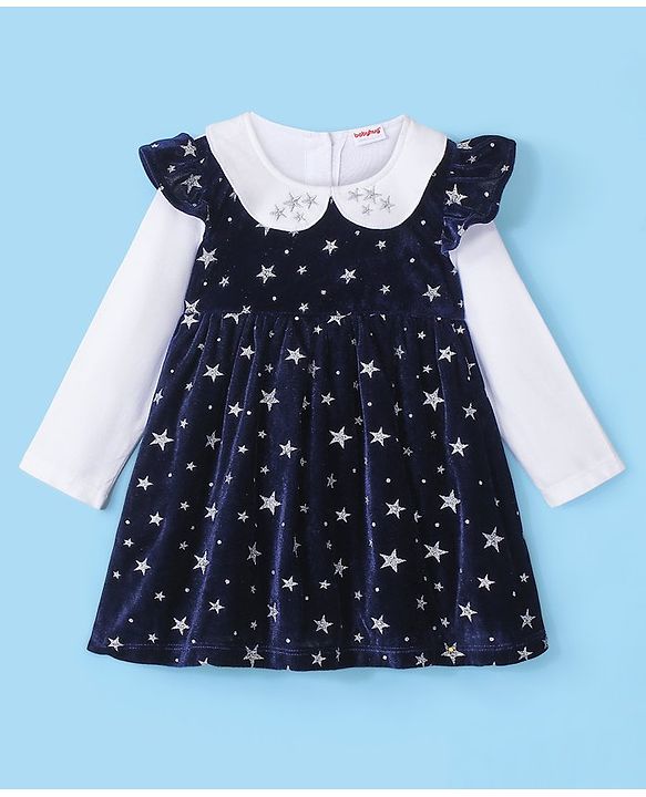 Babyhug 100% Cotton Knit Full Sleeves Frock With Stars Print & Embroidery - White & Navy Blue