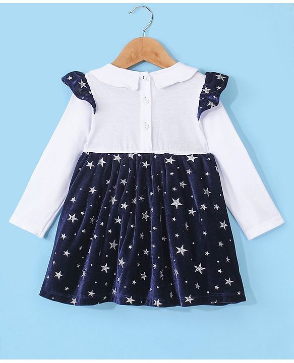 Babyhug 100% Cotton Knit Full Sleeves Frock With Stars Print & Embroidery - White & Navy Blue