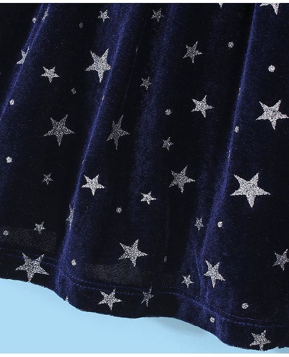 Babyhug 100% Cotton Knit Full Sleeves Frock With Stars Print & Embroidery - White & Navy Blue