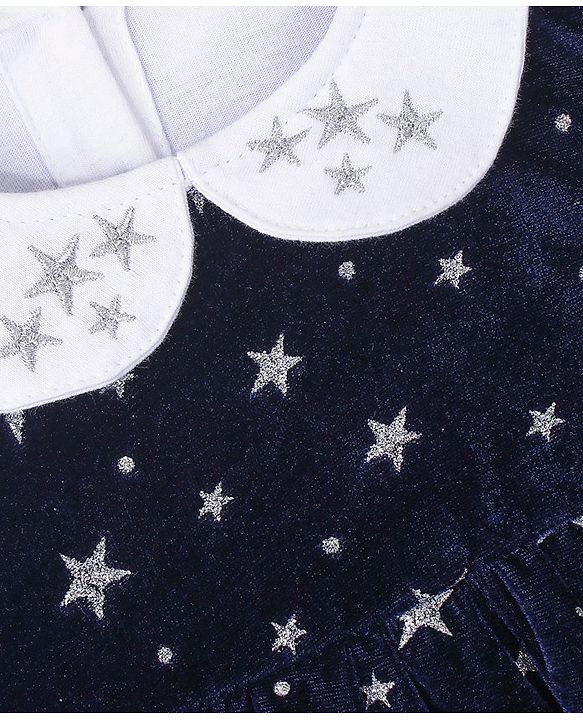 Babyhug 100% Cotton Knit Full Sleeves Frock With Stars Print & Embroidery - White & Navy Blue