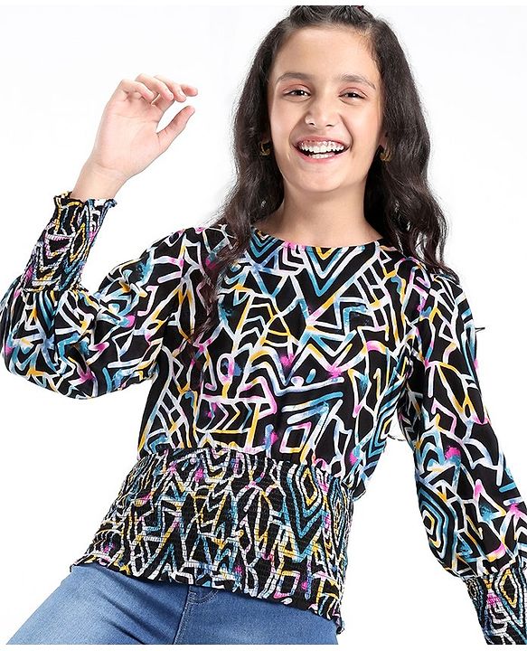 Pine Kids Full Sleeves Abstract Printed Top With Elasticated Fit - Black