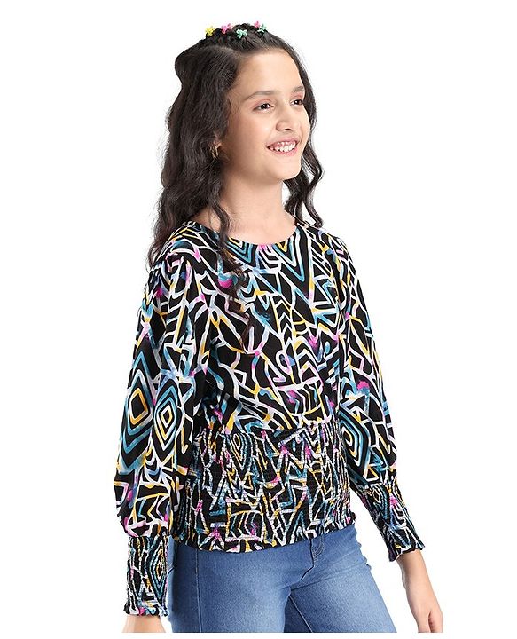 Pine Kids Full Sleeves Abstract Printed Top With Elasticated Fit - Black